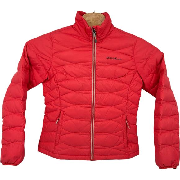 Women's Coral Red Eddie Bauer Down Feather Puffer Winter Jacket Sz S - Picture 1 of 11
